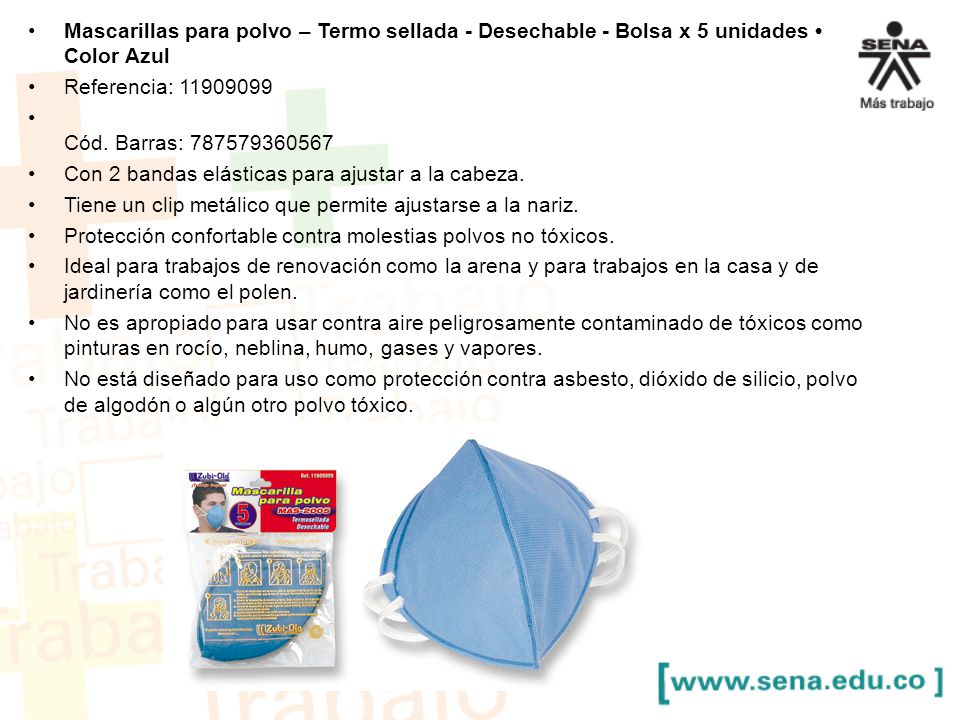 Mascarillas para polvo – Termo sellada - Desechable - Bolsa x 5 unidades • Color Azul