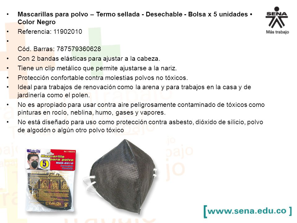 Mascarillas para polvo – Termo sellada - Desechable - Bolsa x 5 unidades • Color Negro