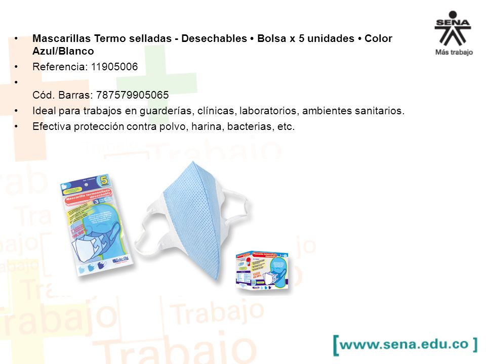 Mascarillas Termo selladas - Desechables • Bolsa x 5 unidades • Color Azul/Blanco