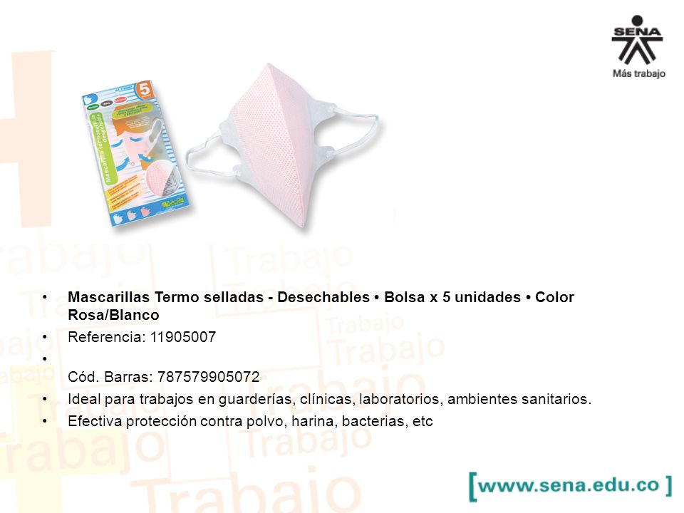 Mascarillas Termo selladas - Desechables • Bolsa x 5 unidades • Color Rosa/Blanco