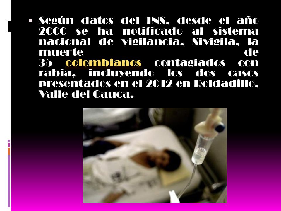 Según datos del INS, desde el año 2000 se ha notificado al sistema nacional de vigilancia, Sivigila, la muerte de 35 colombianos contagiados con rabia, incluyendo los dos casos presentados en el 2012 en Roldadillo, Valle del Cauca.