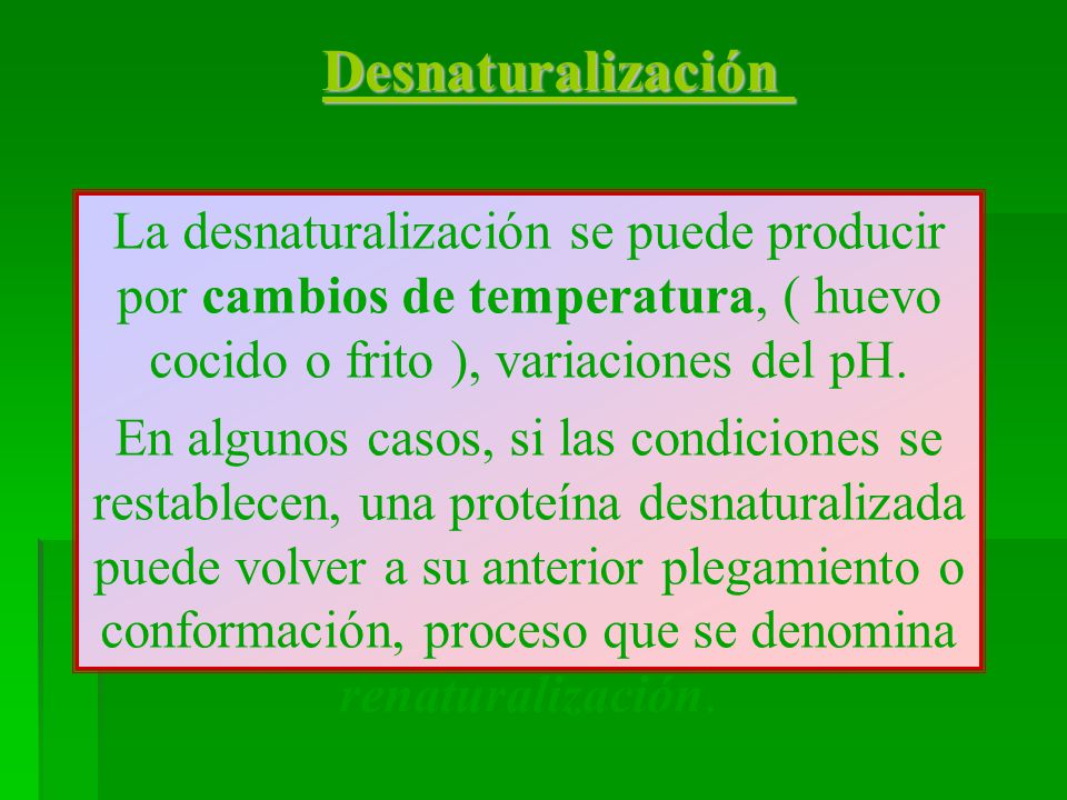 Desnaturalización La desnaturalización se puede producir por cambios de temperatura, ( huevo cocido o frito ), variaciones del pH.