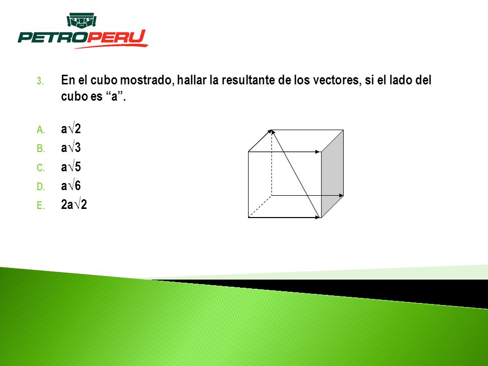 En el cubo mostrado, hallar la resultante de los vectores, si el lado del cubo es a .
