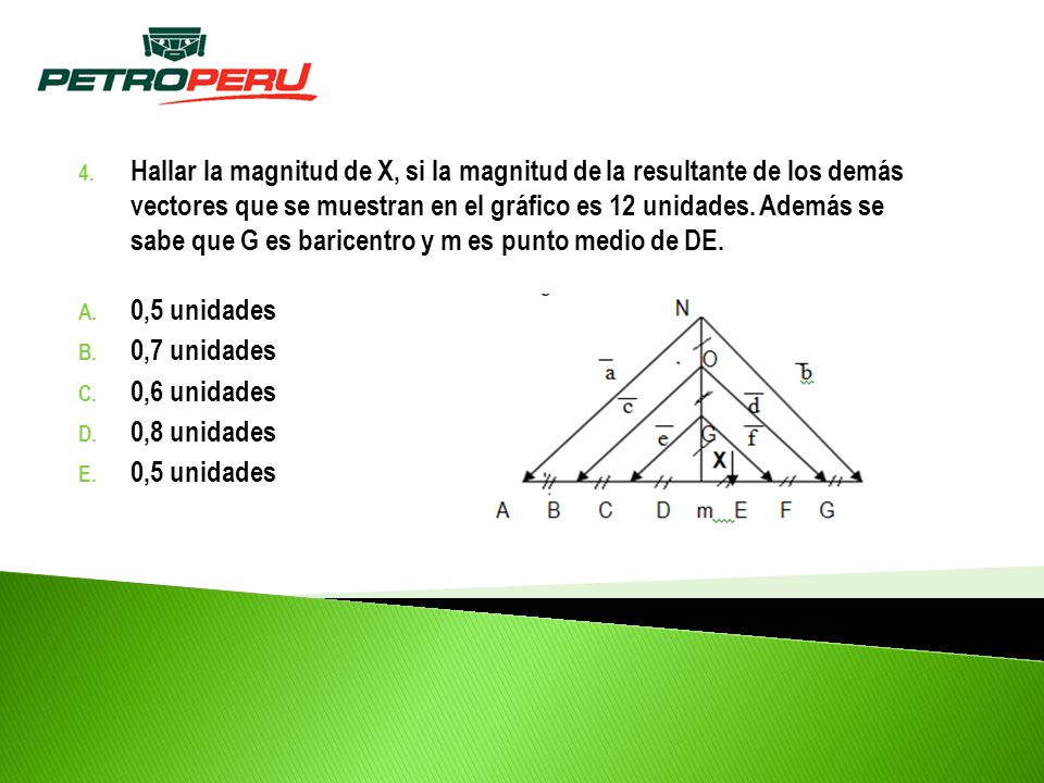 Hallar la magnitud de X, si la magnitud de la resultante de los demás vectores que se muestran en el gráfico es 12 unidades. Además se sabe que G es baricentro y m es punto medio de DE.