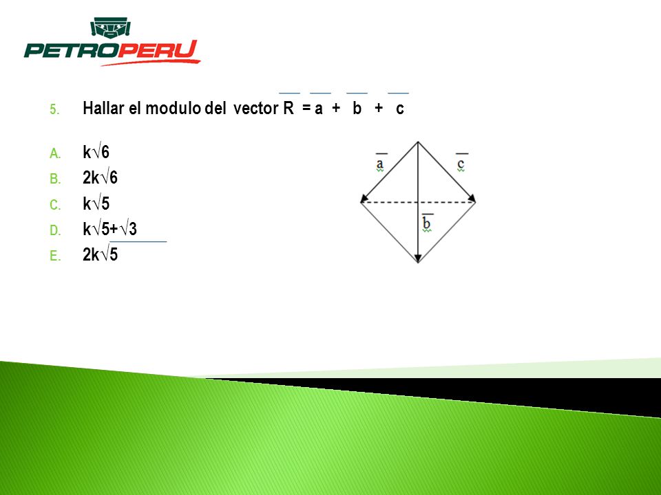 Hallar el modulo del vector R = a + b + c k√6 2k√6 k√5 k√5+√3 2k√5