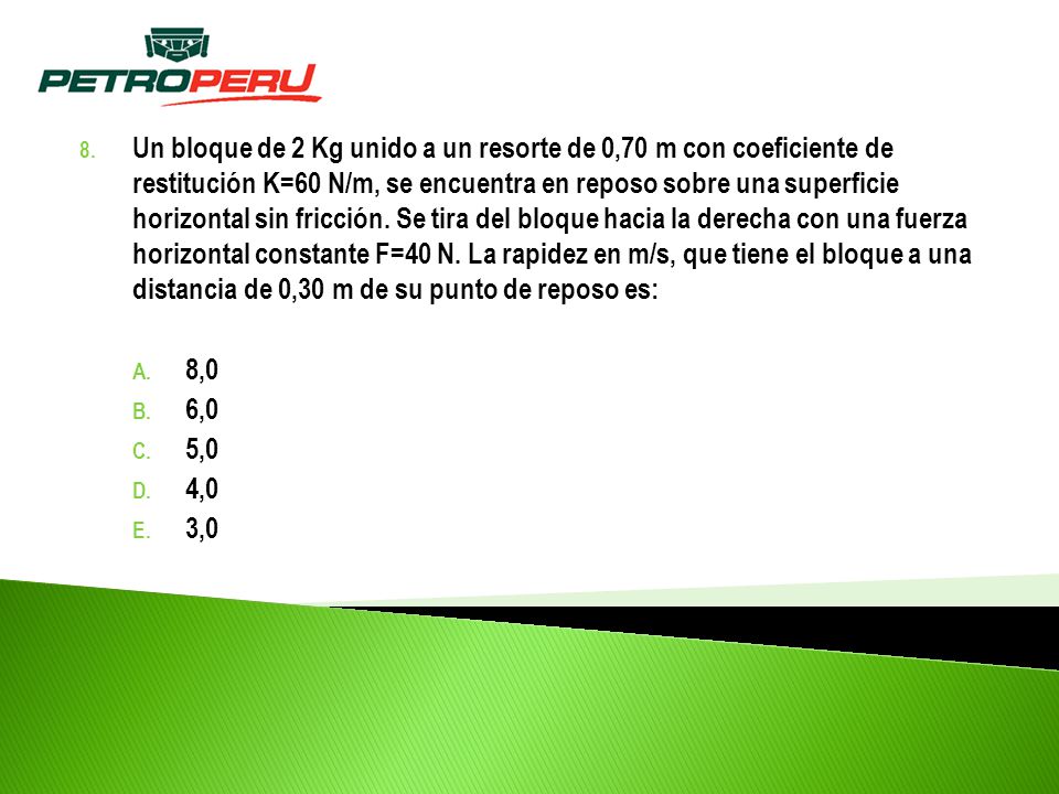 Un bloque de 2 Kg unido a un resorte de 0,70 m con coeficiente de restitución K=60 N/m, se encuentra en reposo sobre una superficie horizontal sin fricción. Se tira del bloque hacia la derecha con una fuerza horizontal constante F=40 N. La rapidez en m/s, que tiene el bloque a una distancia de 0,30 m de su punto de reposo es: