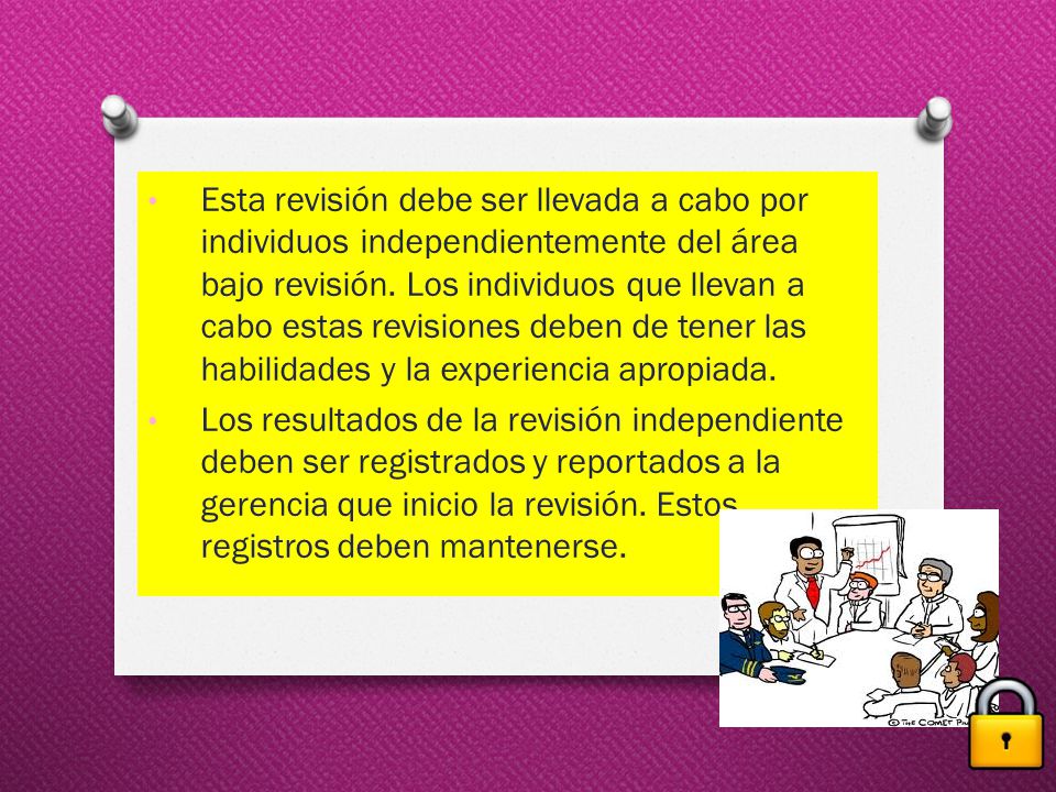 Esta revisión debe ser llevada a cabo por individuos independientemente del área bajo revisión. Los individuos que llevan a cabo estas revisiones deben de tener las habilidades y la experiencia apropiada.
