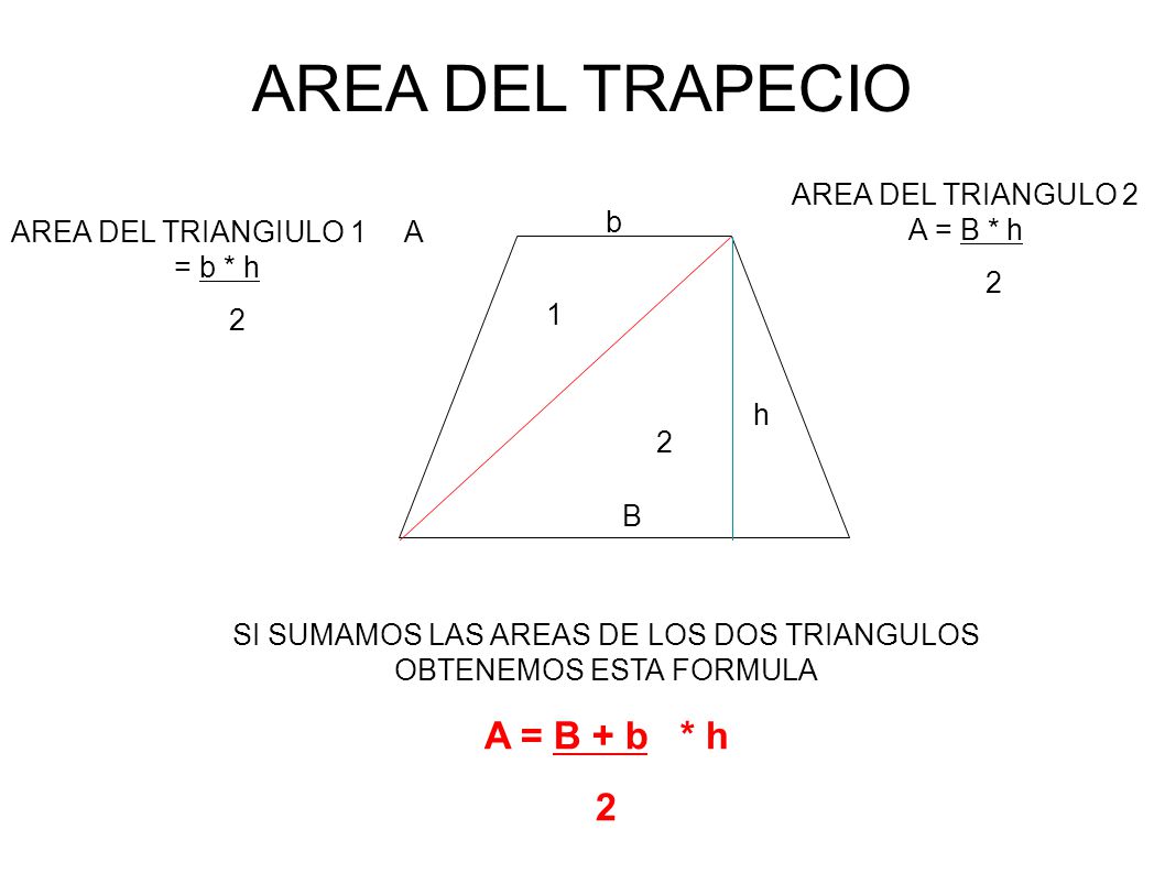 AREA DEL TRAPECIO A = B + b * h 2 AREA DEL TRIANGULO 2 A = B * h b