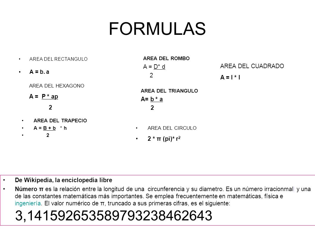 FORMULAS A = D* d 2 AREA DEL CUADRADO A = l * l A = P * ap 2 A= b * a