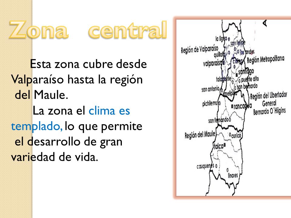 Zona central Valparaíso hasta la región del Maule. La zona el clima es