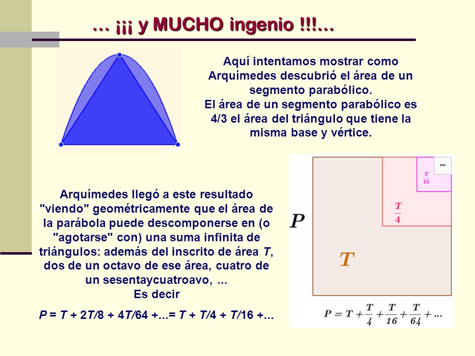 … ¡¡¡ y MUCHO ingenio !!!... Aquí intentamos mostrar como Arquímedes descubrió el área de un segmento parabólico.