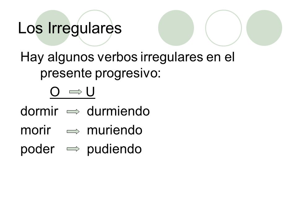 Los Irregulares Hay algunos verbos irregulares en el presente progresivo: O U. dormir durmiendo.