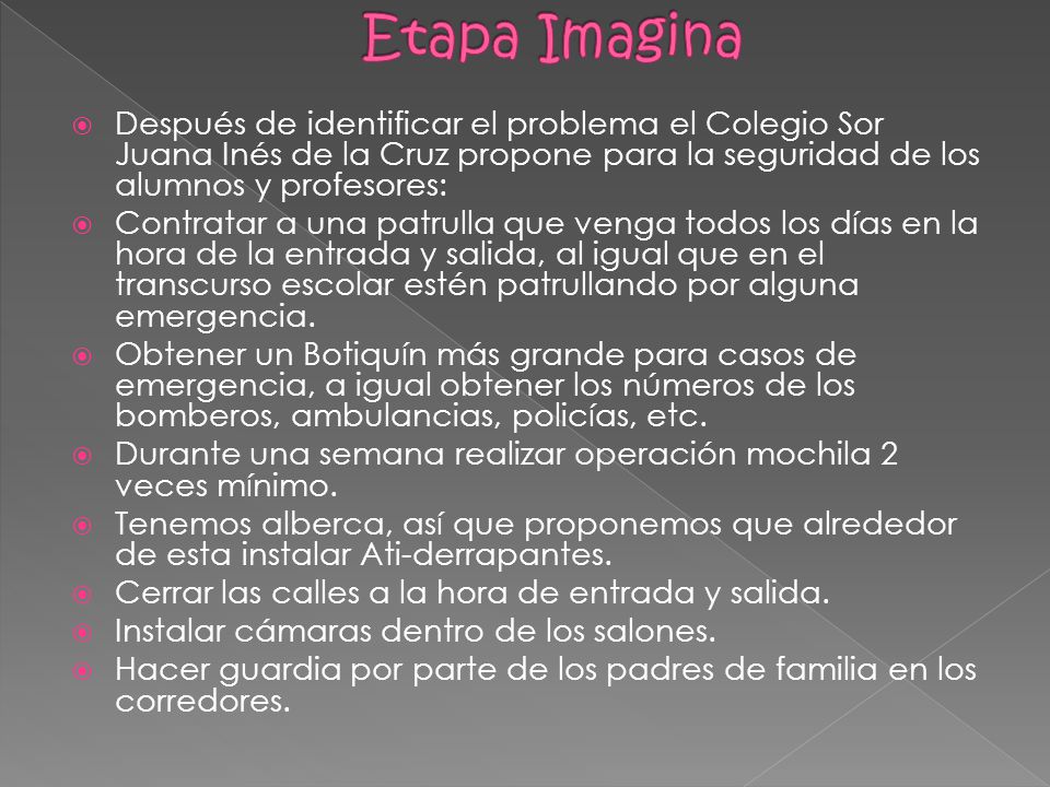 Etapa Imagina Después de identificar el problema el Colegio Sor Juana Inés de la Cruz propone para la seguridad de los alumnos y profesores: