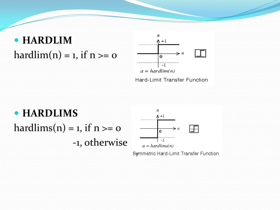 HARDLIM hardlim(n) = 1, if n >= 0 HARDLIMS hardlims(n) = 1, if n >= 0 -1, otherwise
