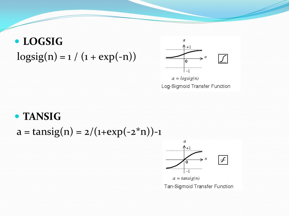 LOGSIG logsig(n) = 1 / (1 + exp(-n)) TANSIG a = tansig(n) = 2/(1+exp(-2*n))-1