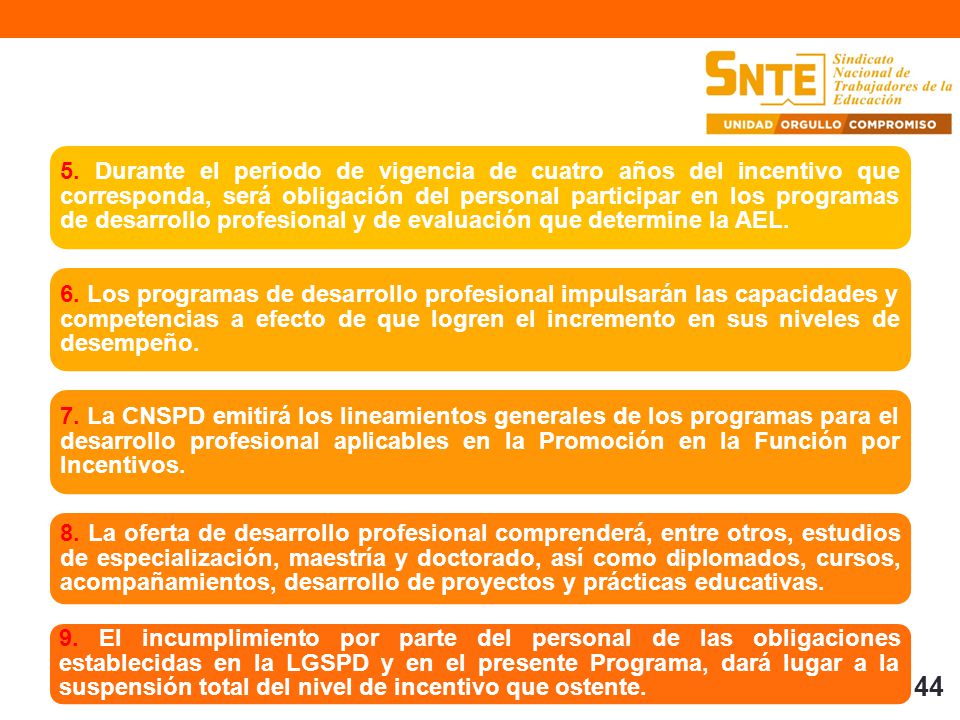 5. Durante el periodo de vigencia de cuatro años del incentivo que corresponda, será obligación del personal participar en los programas de desarrollo profesional y de evaluación que determine la AEL.