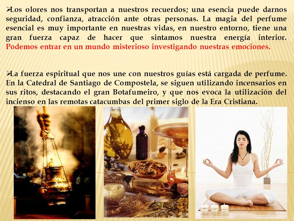 Los olores nos transportan a nuestros recuerdos; una esencia puede darnos seguridad, confianza, atracción ante otras personas. La magia del perfume esencial es muy importante en nuestras vidas, en nuestro entorno, tiene una gran fuerza capaz de hacer que sintamos nuestra energía interior. Podemos entrar en un mundo misterioso investigando nuestras emociones.