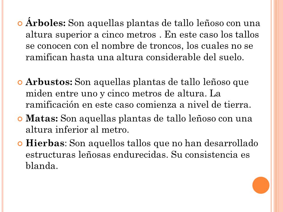 Árboles: Son aquellas plantas de tallo leñoso con una altura superior a cinco metros . En este caso los tallos se conocen con el nombre de troncos, los cuales no se ramifican hasta una altura considerable del suelo.