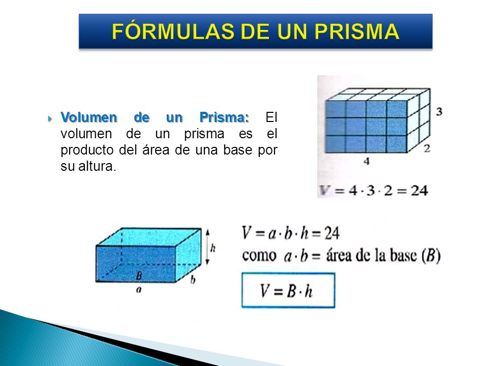 FÓRMULAS DE UN PRISMA Volumen de un Prisma: El volumen de un prisma es el producto del área de una base por su altura.