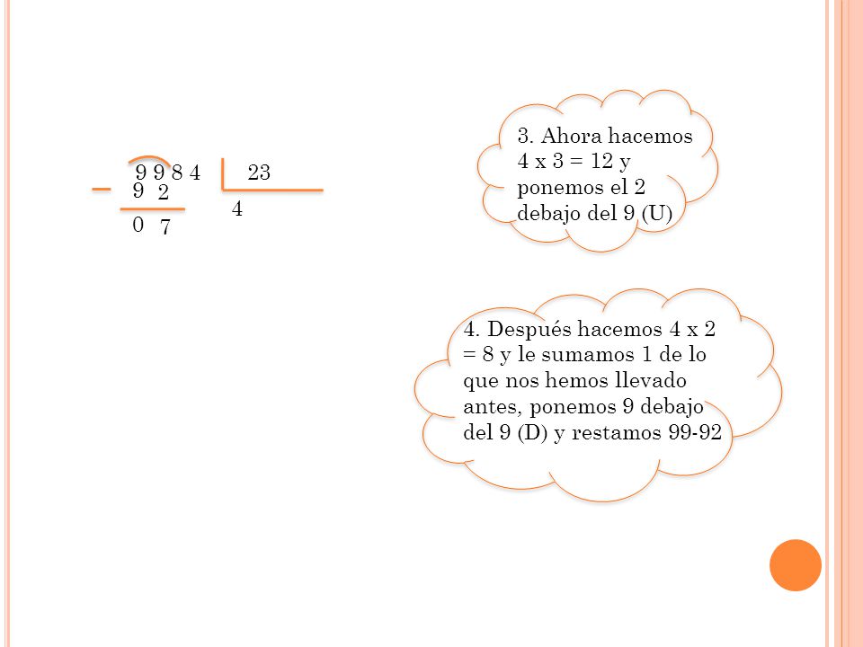3. Ahora hacemos 4 x 3 = 12 y ponemos el 2 debajo del 9 (U)