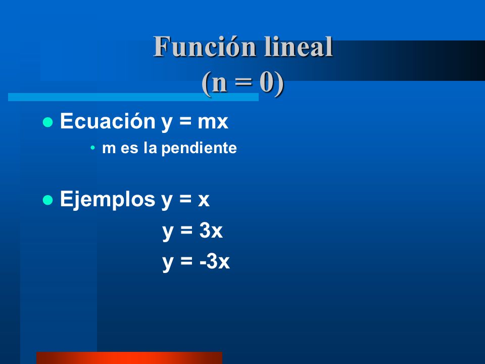 Función lineal (n = 0) Ecuación y = mx Ejemplos y = x y = 3x y = -3x