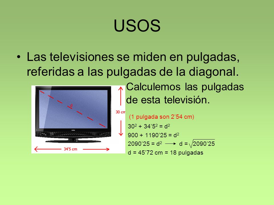 USOS Las televisiones se miden en pulgadas, referidas a las pulgadas de la diagonal. Calculemos las pulgadas de esta televisión.