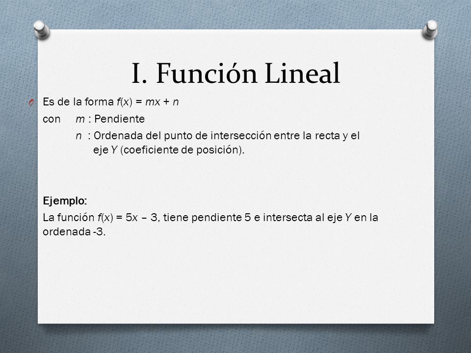 I. Función Lineal Es de la forma f(x) = mx + n con m : Pendiente