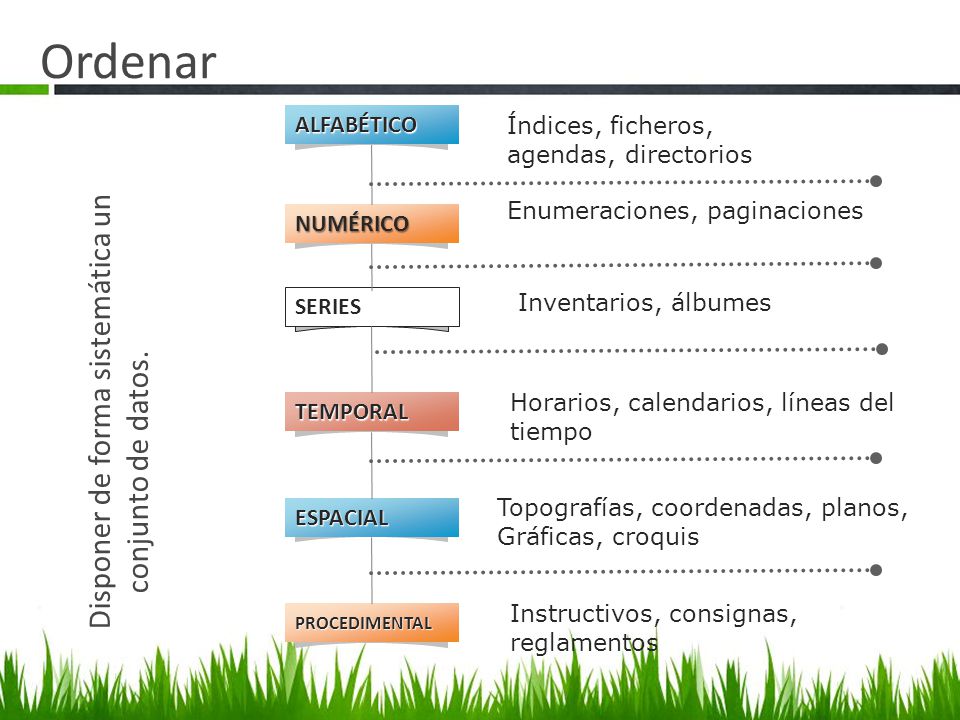Ordenar Disponer de forma sistemática un conjunto de datos. ALFABÉTICO