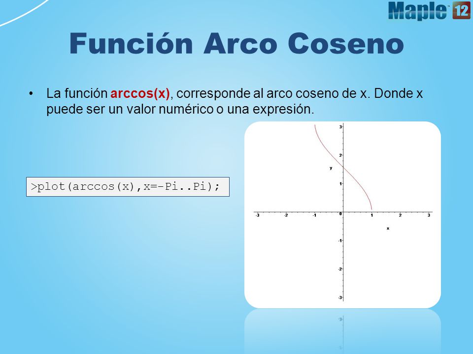 Función Arco Coseno La función arccos(x), corresponde al arco coseno de x. Donde x puede ser un valor numérico o una expresión.