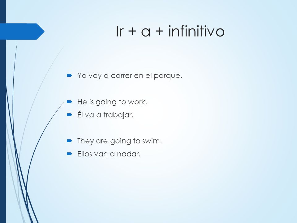 Ir + a + infinitivo Yo voy a correr en el parque. He is going to work.
