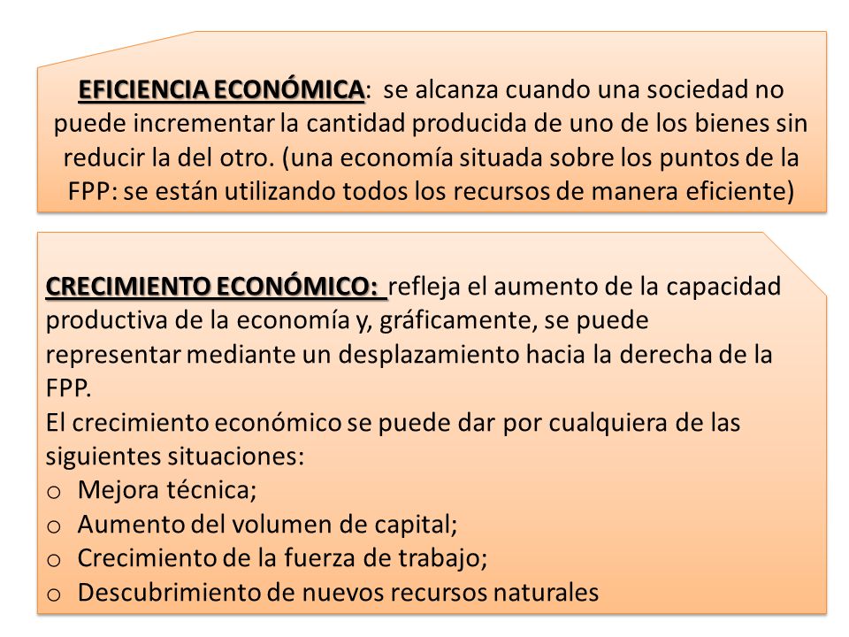 EFICIENCIA ECONÓMICA: se alcanza cuando una sociedad no puede incrementar la cantidad producida de uno de los bienes sin reducir la del otro. (una economía situada sobre los puntos de la FPP: se están utilizando todos los recursos de manera eficiente)