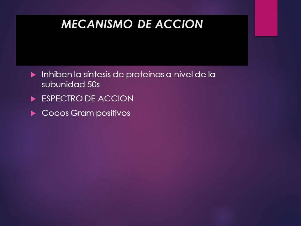 MECANISMO DE ACCION Inhiben la síntesis de proteínas a nivel de la subunidad 50s. ESPECTRO DE ACCION.