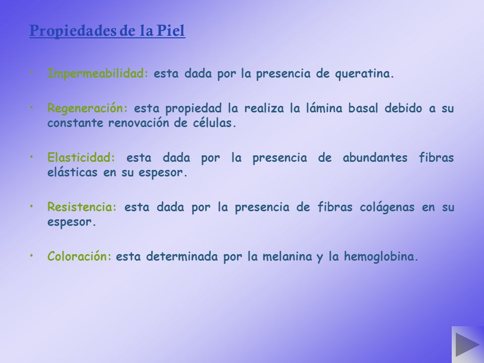 Propiedades de la Piel Impermeabilidad: esta dada por la presencia de queratina.