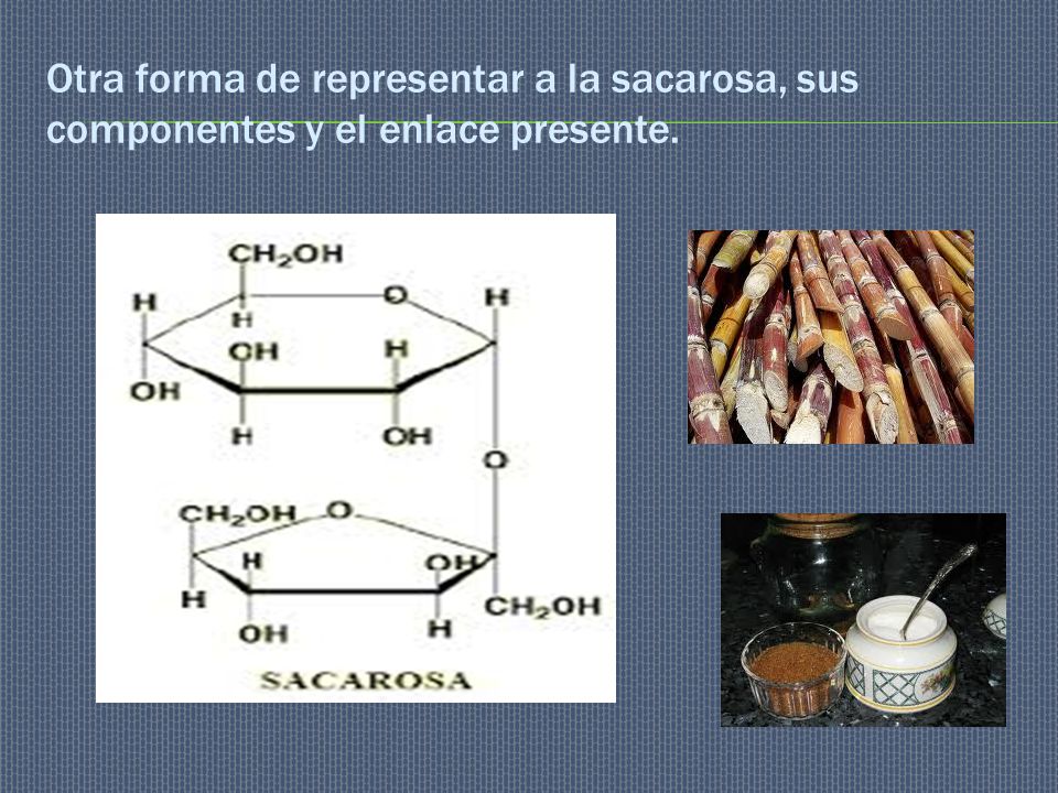 Otra forma de representar a la sacarosa, sus componentes y el enlace presente.