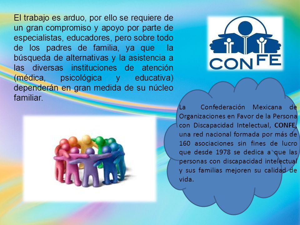 El trabajo es arduo, por ello se requiere de un gran compromiso y apoyo por parte de especialistas, educadores, pero sobre todo de los padres de familia, ya que la búsqueda de alternativas y la asistencia a las diversas instituciones de atención (médica, psicológica y educativa) dependerán en gran medida de su núcleo familiar.
