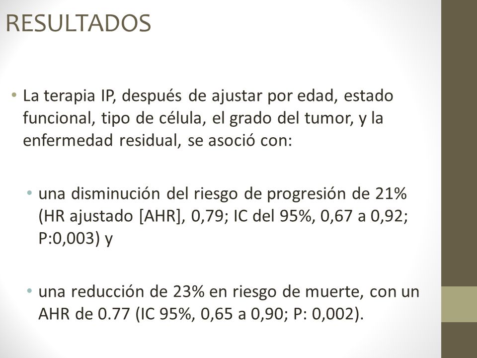 RESULTADOS La terapia IP, después de ajustar por edad, estado funcional, tipo de célula, el grado del tumor, y la enfermedad residual, se asoció con: