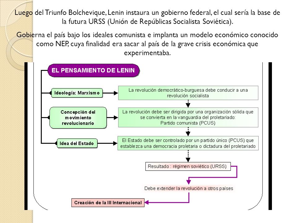 Luego del Triunfo Bolchevique, Lenin instaura un gobierno federal, el cual sería la base de la futura URSS (Unión de Repúblicas Socialista Soviética).