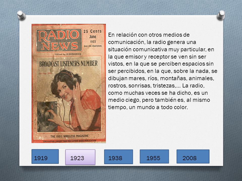En relación con otros medios de comunicación, la radio genera una situación comunicativa muy particular, en la que emisor y receptor se ven sin ser vistos, en la que se perciben espacios sin ser percibidos, en la que, sobre la nada, se dibujan mares, ríos, montañas, animales, rostros, sonrisas, tristezas,... La radio, como muchas veces se ha dicho, es un medio ciego, pero también es, al mismo tiempo, un mundo a todo color.