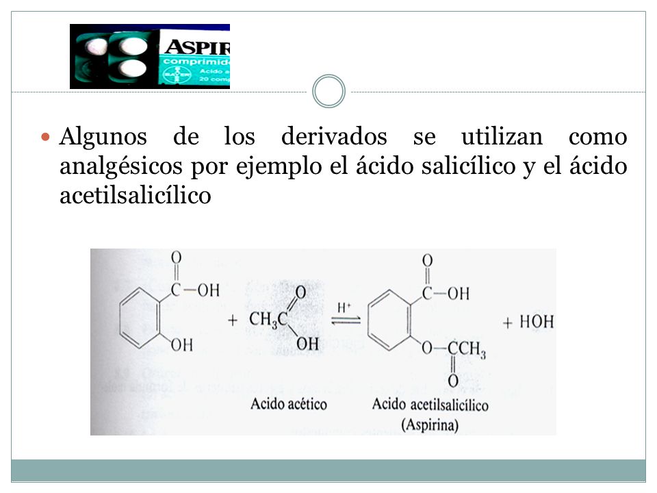 Algunos de los derivados se utilizan como analgésicos por ejemplo el ácido salicílico y el ácido acetilsalicílico