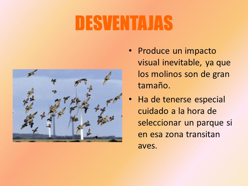 DESVENTAJAS Produce un impacto visual inevitable, ya que los molinos son de gran tamaño.