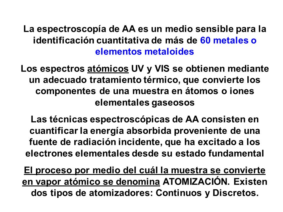 La espectroscopía de AA es un medio sensible para la identificación cuantitativa de más de 60 metales o elementos metaloides