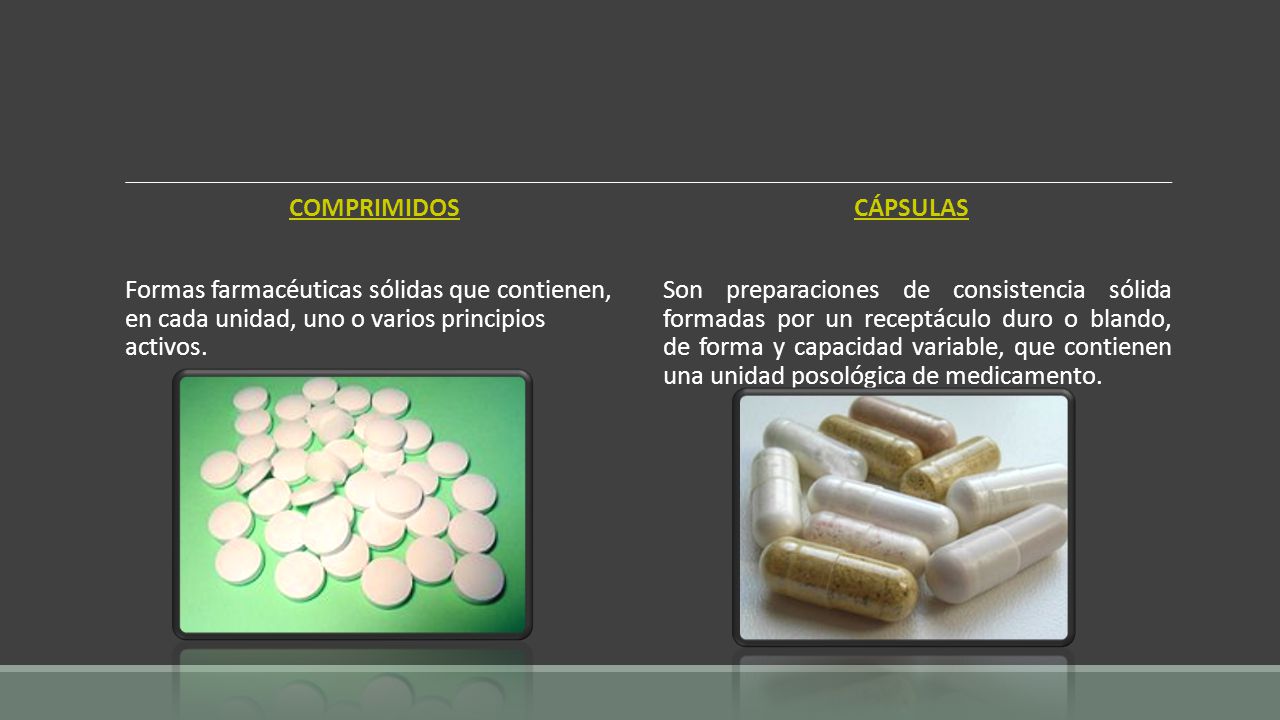 Comprimidos Cápsulas. Formas farmacéuticas sólidas que contienen, en cada unidad, uno o varios principios activos.