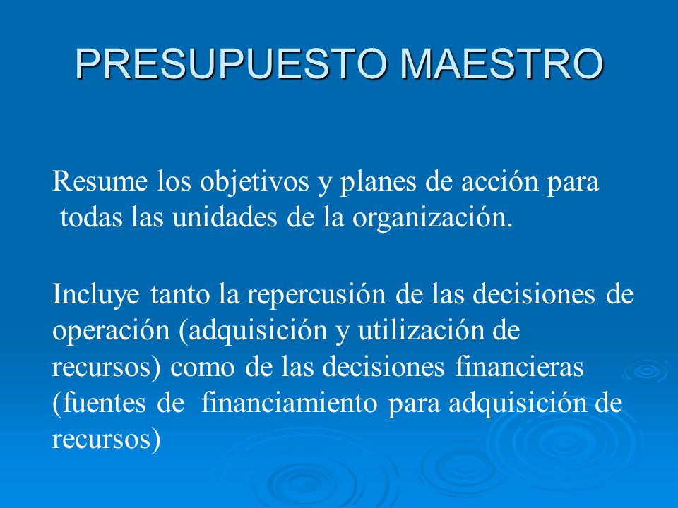 PRESUPUESTO MAESTRO Resume los objetivos y planes de acción para