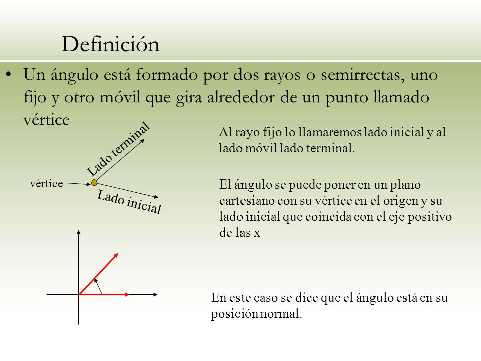 Definición Un ángulo está formado por dos rayos o semirrectas, uno fijo y otro móvil que gira alrededor de un punto llamado vértice.