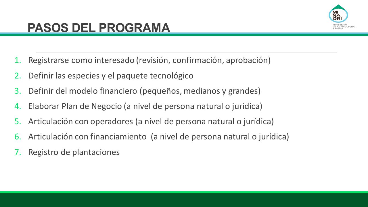 PASOS DEL PROGRAMA Registrarse como interesado (revisión, confirmación, aprobación) Definir las especies y el paquete tecnológico.