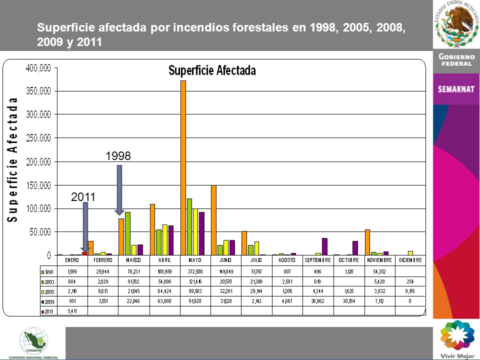 Superficie afectada por incendios forestales en 1998, 2005, 2008, 2009 y 2011