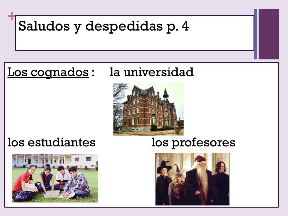 Saludos y despedidas p. 4 Los cognados : la universidad los estudiantes los profesores
