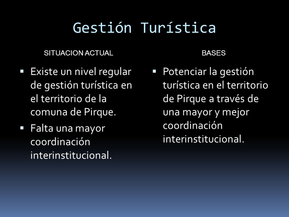 Gestión Turística SITUACION ACTUAL. BASES. Existe un nivel regular de gestión turística en el territorio de la comuna de Pirque.
