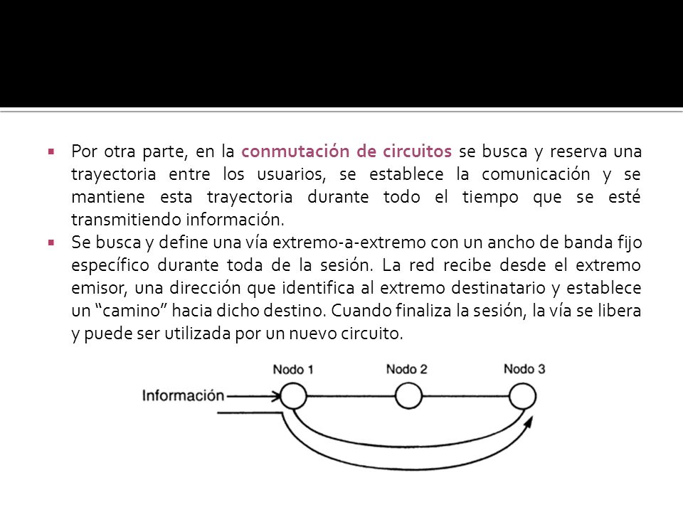 Por otra parte, en la conmutación de circuitos se busca y reserva una trayectoria entre los usuarios, se establece la comunicación y se mantiene esta trayectoria durante todo el tiempo que se esté transmitiendo información.