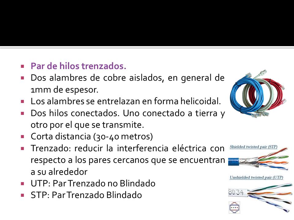 Par de hilos trenzados. Dos alambres de cobre aislados, en general de 1mm de espesor. Los alambres se entrelazan en forma helicoidal.